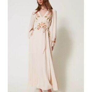 Twinset Milano Floral Embroidered Long Sleeve Maxi Dress Beige Keyhole Back